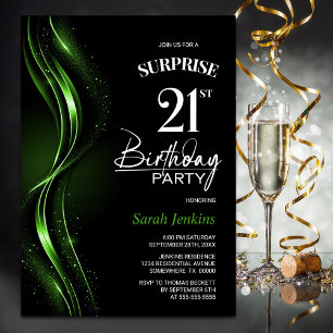 Surprise Black Green 21st Birthday Party Invitation