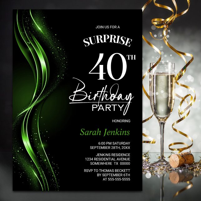 Surprise Black Green 40th Birthday Party Invitation (Creator Uploaded)
