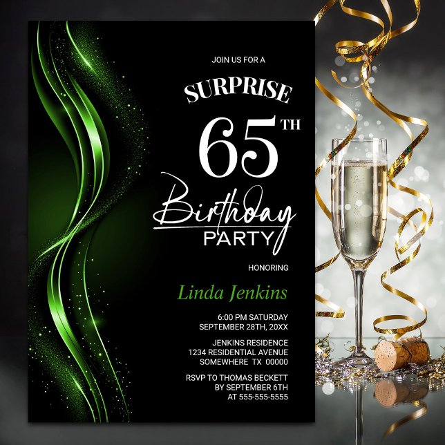 Surprise Black Green 65th Birthday Party Invitation (Creator Uploaded)