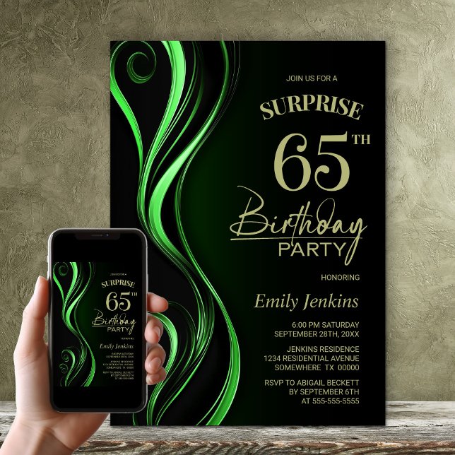 Surprise Black Green 65th Birthday Party Invitation (Creator Uploaded)