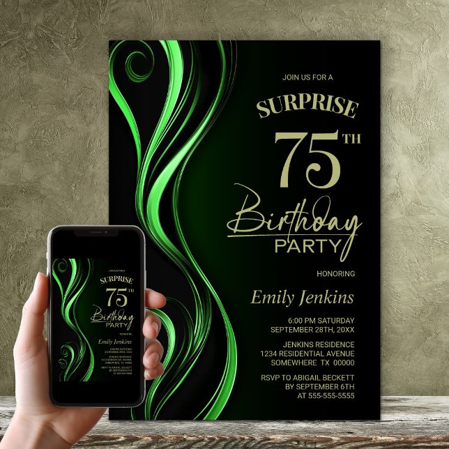 Surprise Black Green 75th Birthday Party Invitation (Creator Uploaded)