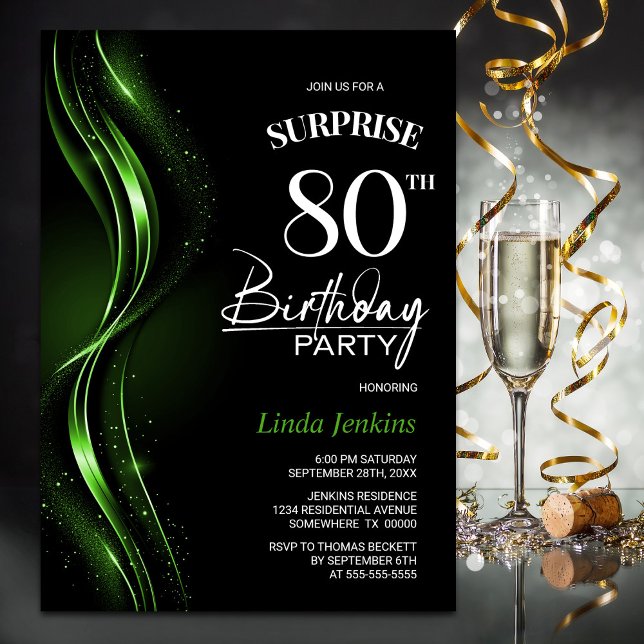 Surprise Black Green 80th Birthday Party Invitation (Creator Uploaded)