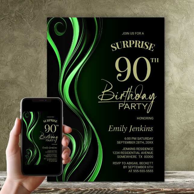 Surprise Black Green 90th Birthday Party Invitation (Creator Uploaded)