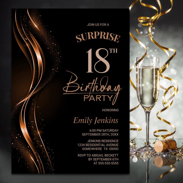 Surprise Black Orange 18th Birthday Party Invitation (Creator Uploaded)