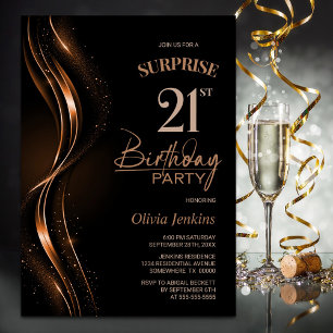 Surprise Black Orange 21st Birthday Party Invitation