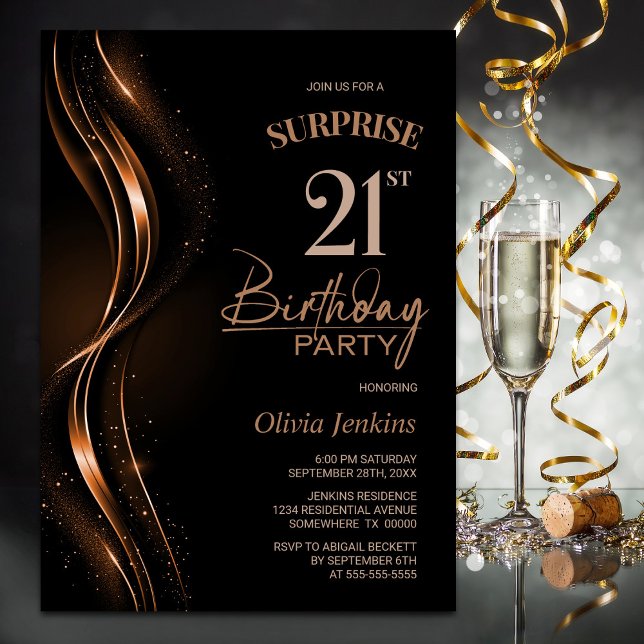 Surprise Black Orange 21st Birthday Party Invitation (Creator Uploaded)