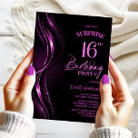 Surprise Black Pink 16th Birthday Party Invitation<br><div class="desc">This modern black and pink surprise 16th birthday invitation sets the perfect tone for a surprise party. Easily personalise your invitation with the guest of honour's name, party details, and venue information in just a few clicks. You will be able to create a night filled with love, laughter, and cherished...</div>