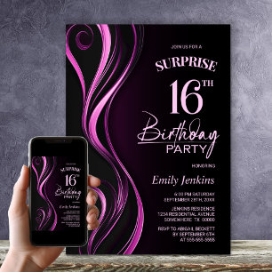 Surprise Black Pink 16th Birthday Party Invitation