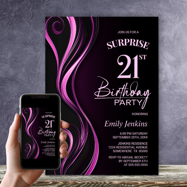Surprise Black Pink 21st Birthday Party Invitation (Creator Uploaded)