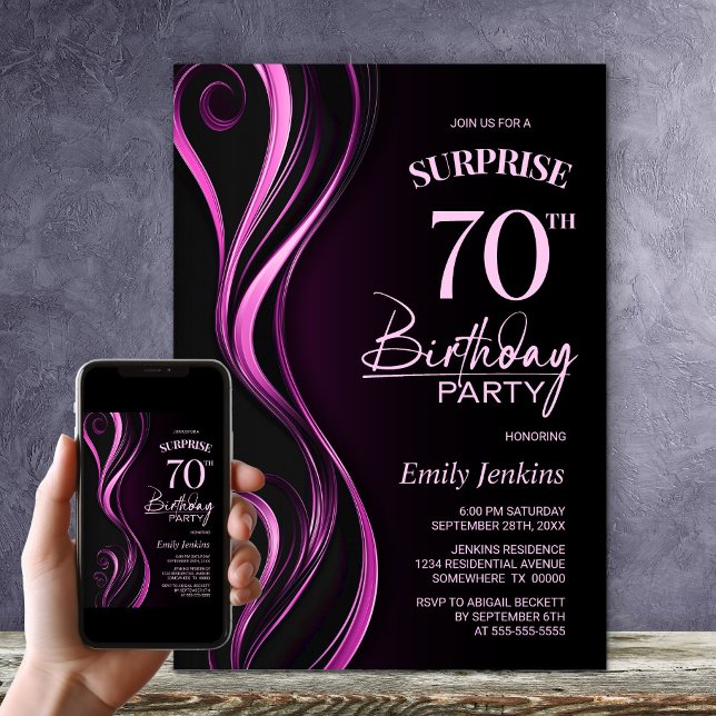Surprise Black Pink 70th Birthday Party Invitation (Creator Uploaded)