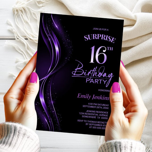 Surprise Black Purple 16th Birthday Party Invitation (Creator Uploaded)