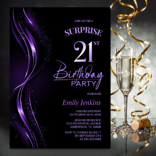 Surprise Black Purple 21st Birthday Party Invitation