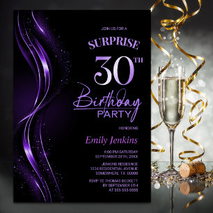 Surprise Black Purple 30th Birthday Party Invitation
