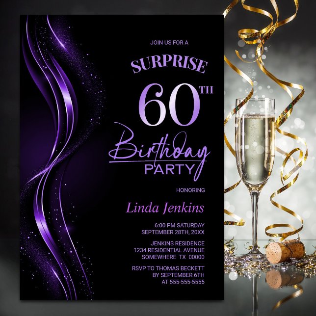 Surprise Black Purple 60th Birthday Party Invitation (Creator Uploaded)