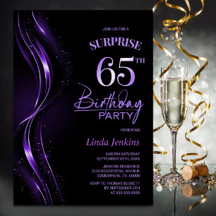 Surprise Black Purple 65th Birthday Party Invitation