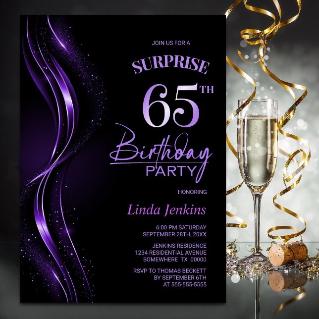 Surprise Black Purple 65th Birthday Party Invitation (Creator Uploaded)