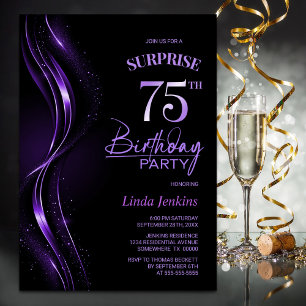 Surprise Black Purple 75th Birthday Party Invitation