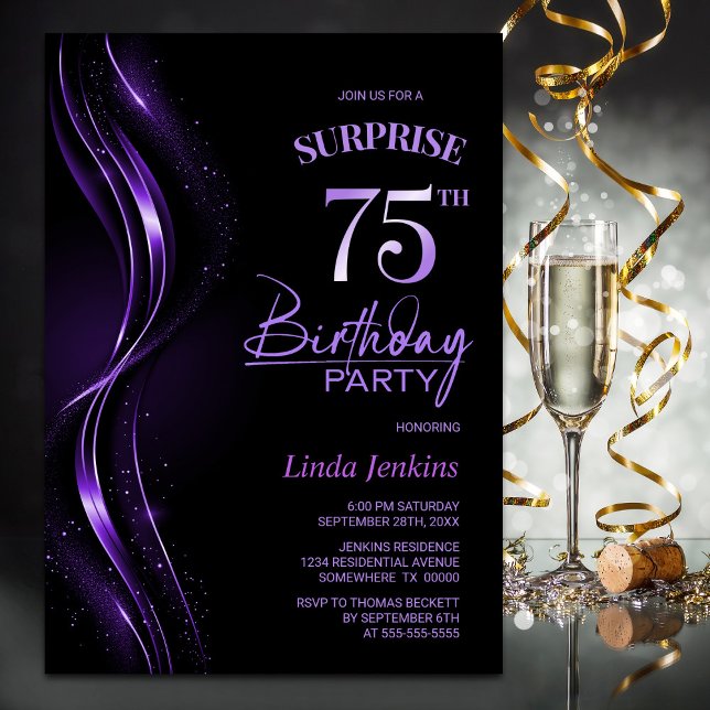 Surprise Black Purple 75th Birthday Party Invitation (Creator Uploaded)