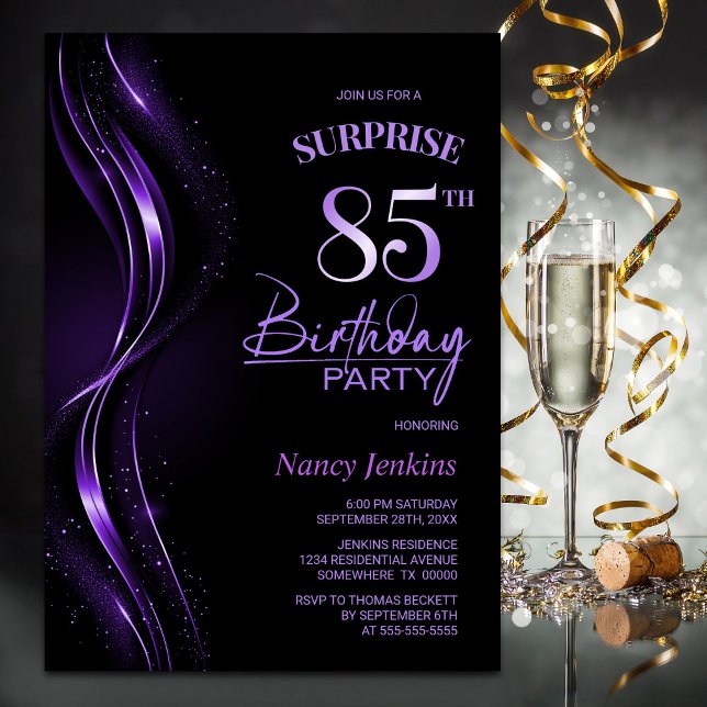 Surprise Black Purple 85th Birthday Party Invitation (Creator Uploaded)