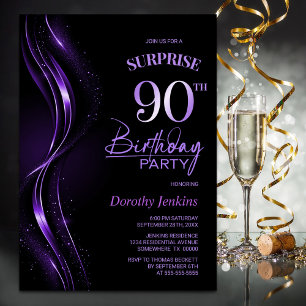 Surprise Black Purple 90th Birthday Party Invitation