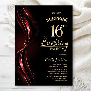Surprise Black Red 16th Birthday Party Invitation