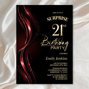 Surprise Black Red 21st Birthday Party Invitation