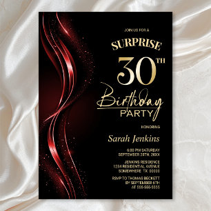 Surprise Black Red 30th Birthday Party Invitation