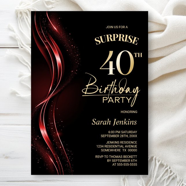 Surprise Black Red 40th Birthday Party Invitation (Creator Uploaded)