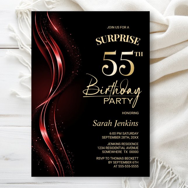 Surprise Black Red 55th Birthday Party Invitation (Creator Uploaded)