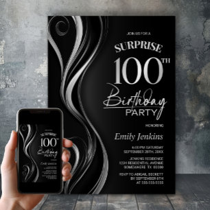 Surprise Black Silver 100th Birthday Party Invitation