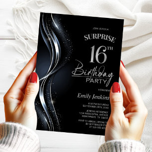 Surprise Black Silver 16th Birthday Party Invitation