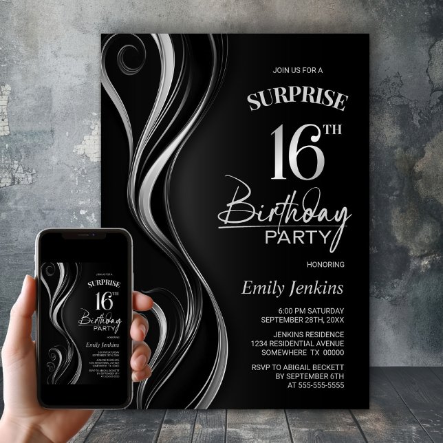 Surprise Black Silver 16th Birthday Party Invitation (Creator Uploaded)