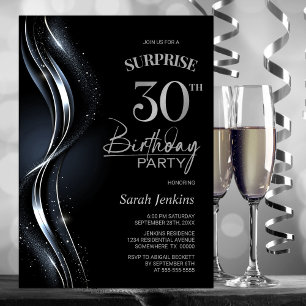Surprise Black Silver 30th Birthday Party Invitation