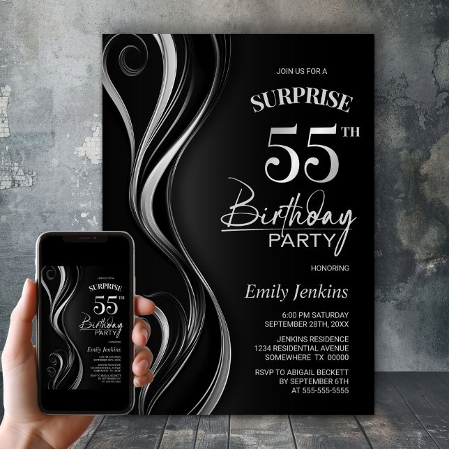 Surprise Black Silver 55th Birthday Party Invitation (Creator Uploaded)