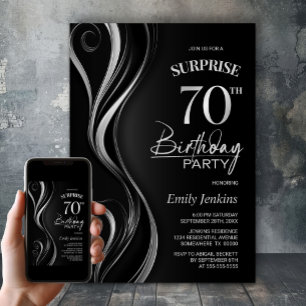 Surprise Black Silver 70th Birthday Party Invitation
