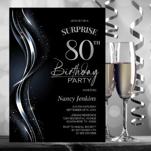 Surprise Black Silver 80th Birthday Party Invitation