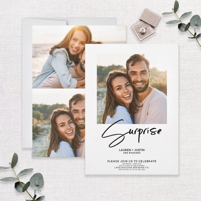 Surprise Black & White 3 Photo Engagement Party Invitation (Creator Uploaded)