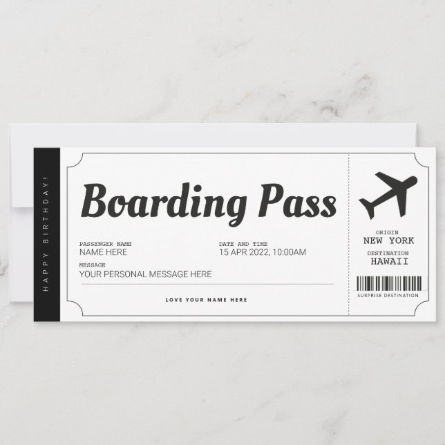 Surprise Boarding Pass Aeroplane Travel Ticket Invitation (Front)