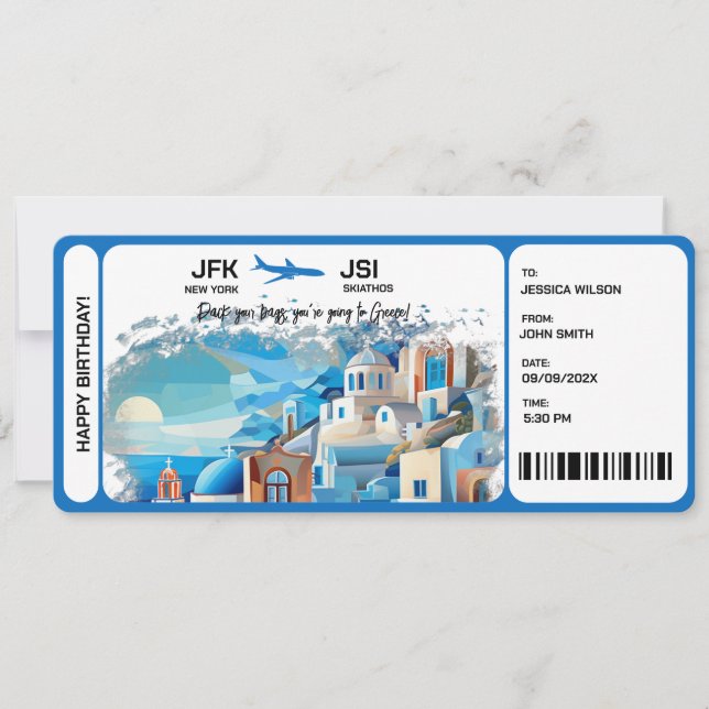 Surprise Boarding Pass Ticket Greece Skiathos Invitation (Front)