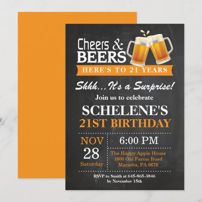 Surprise Cheers and Beers 21st Birthday Invitation (Front/Back)