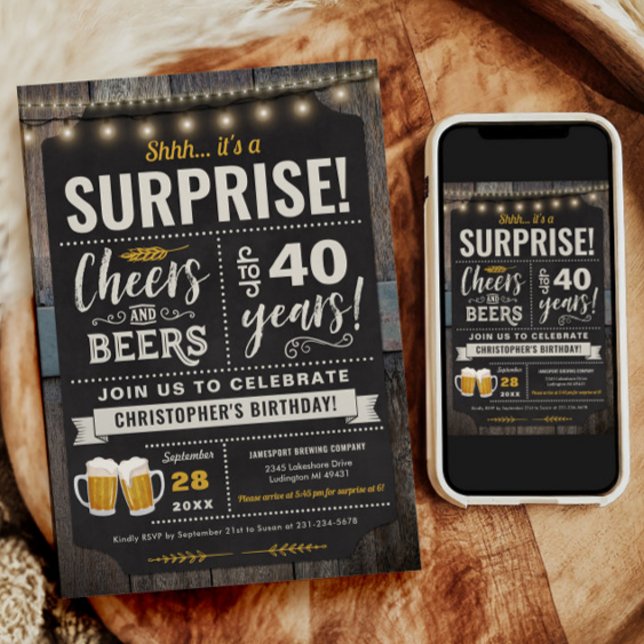 Surprise Cheers and Beers 40th Birthday Invitation (Surprise Cheers and Beers 40th Birthday Invitation)