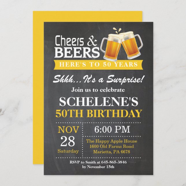 Surprise Cheers and Beers 50th Birthday Invitation (Front/Back)
