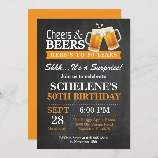 Surprise Cheers and Beers 50th Birthday Invitation (Front/Back)