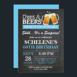 Surprise Cheers and Beers 60th Birthday Invitation<br><div class="desc">Surprise Cheers and Beers 60th Birthday Invitation Card. Adult Birthday. Blue. 16th 18th 21st 30th 40th 50th 60th 70th 80th 90th 100th. Any Age. For further customisation,  please click the "Customise it" button and use our design tool to modify this template.</div>