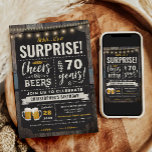 Surprise Cheers and Beers 70th Birthday Invitation<br><div class="desc">Surprise Cheers and Beers 70th Birthday Invitation featuring chalk board and lettering with customise-able age.</div>