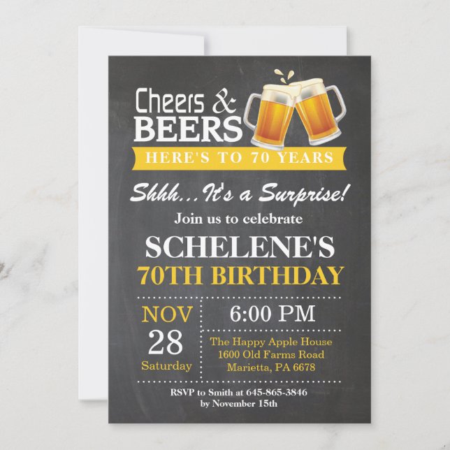 Surprise Cheers and Beers 70th Birthday Invitation (Front)