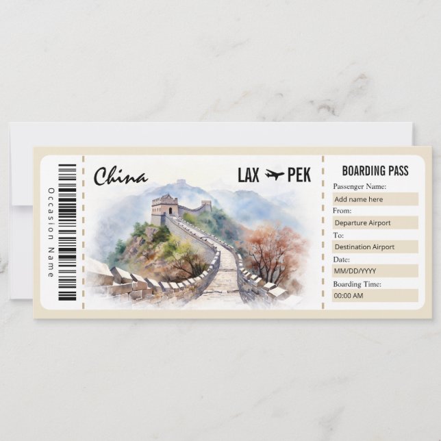 Surprise China Boarding Pass Gift Certificate Invitation (Front)