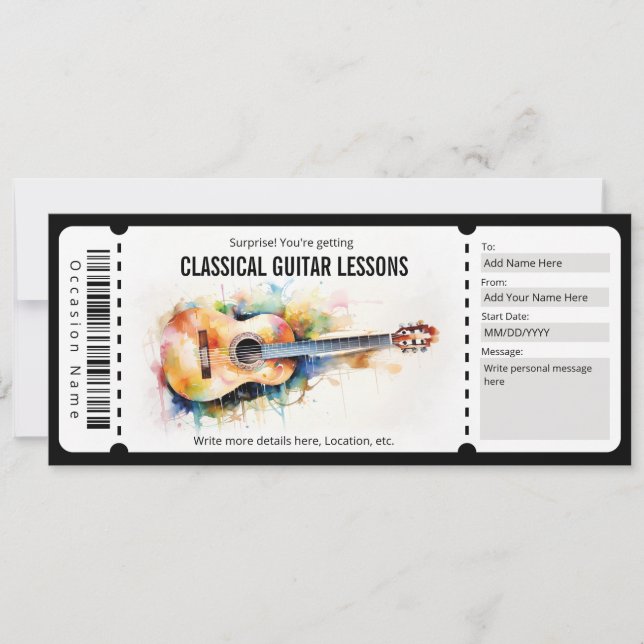 Surprise Classical Guitar Lessons Gift Voucher Invitation (Front)