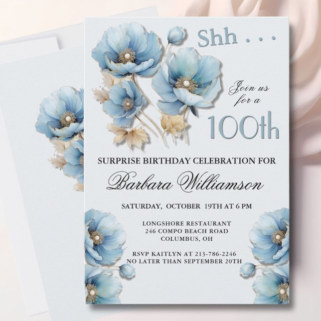 SURPRISE Elegant Blue Floral 100th Birthday Invitation (Creator Uploaded)