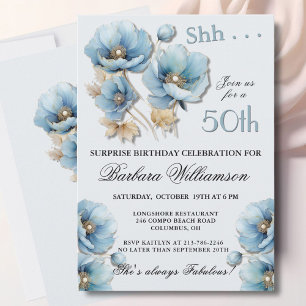 SURPRISE Elegant Blue Floral 50th Birthday Invitation